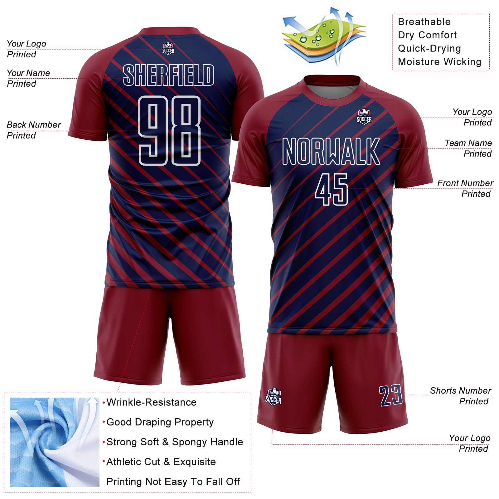 Custom Crimson Navy-White Lines Sublimation Soccer Uniform Jersey