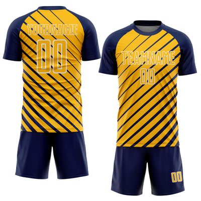 Custom Navy Gold-White Lines Sublimation Soccer Uniform Jersey