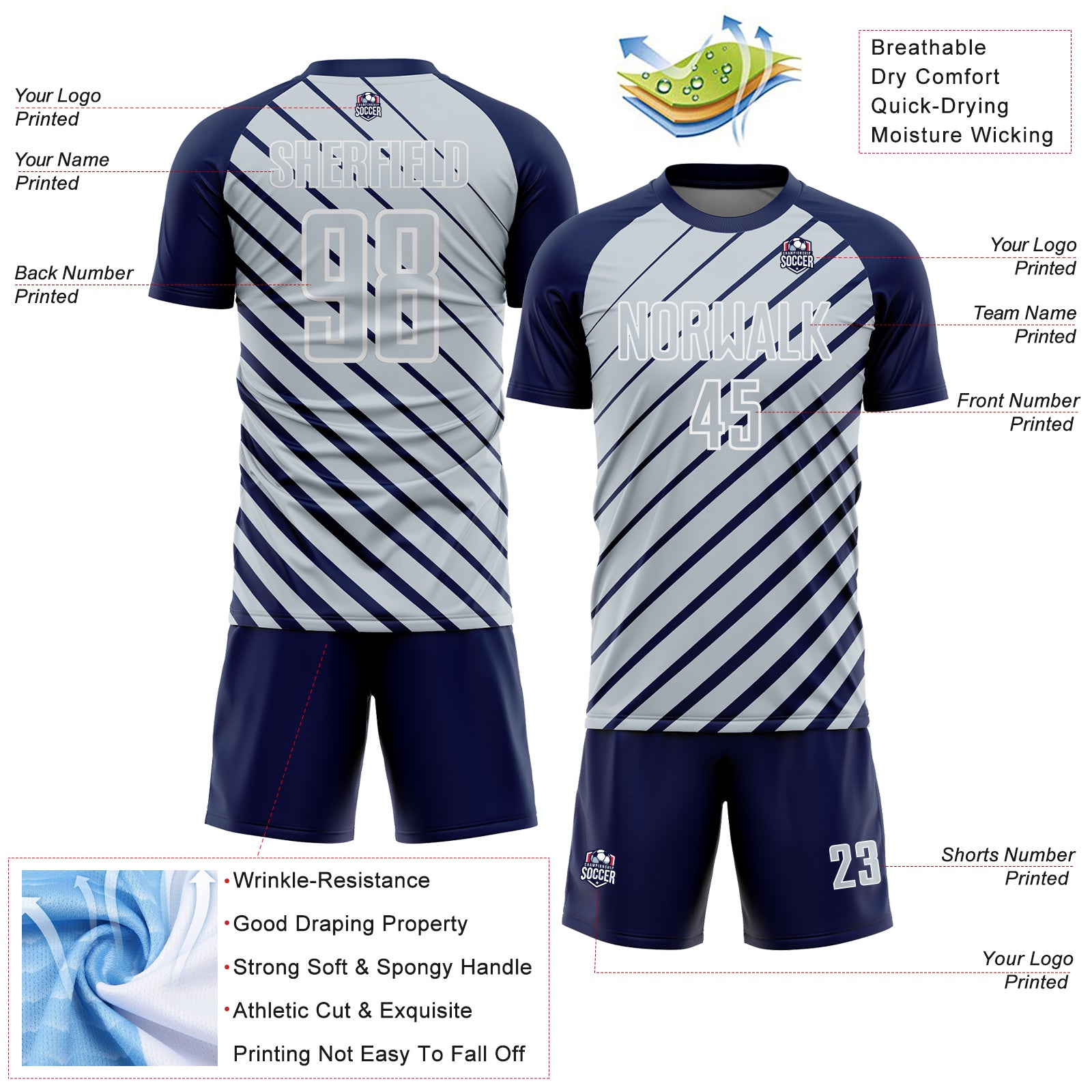 Custom Navy Silver-White Lines Sublimation Soccer Uniform Jersey