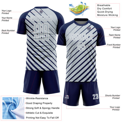 Custom Navy Silver-White Lines Sublimation Soccer Uniform Jersey