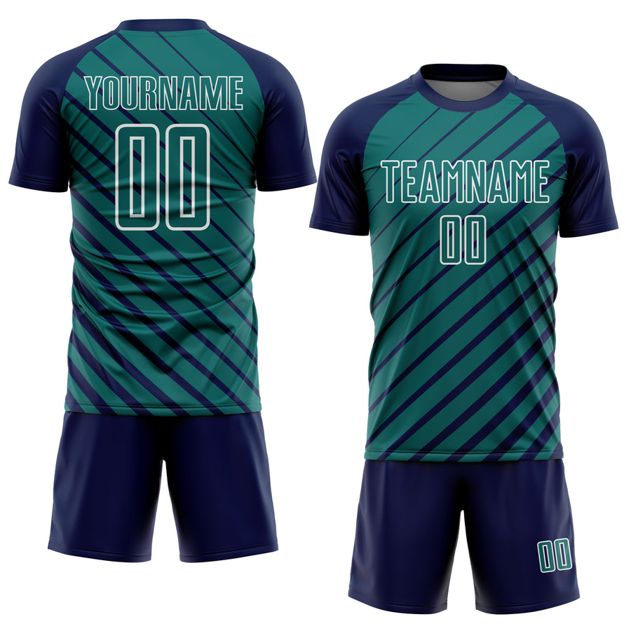 Custom Navy Teal-White Lines Sublimation Soccer Uniform Jersey