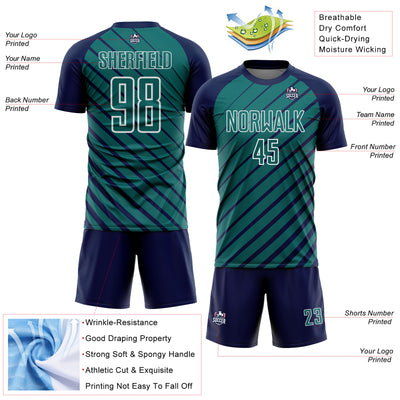 Custom Navy Teal-White Lines Sublimation Soccer Uniform Jersey