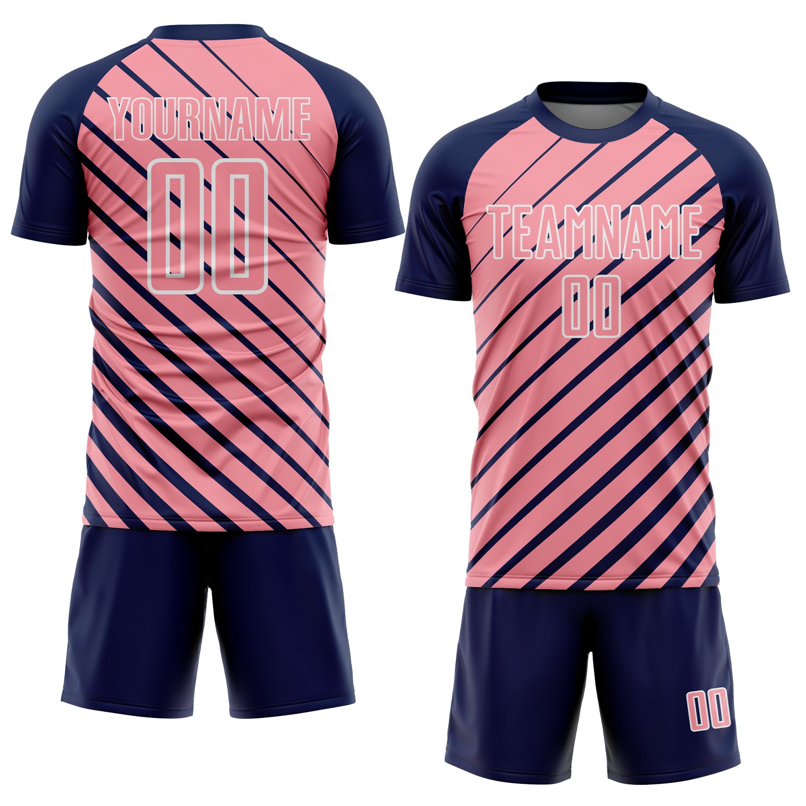Custom Navy Medium Pink-White Lines Sublimation Soccer Uniform Jersey