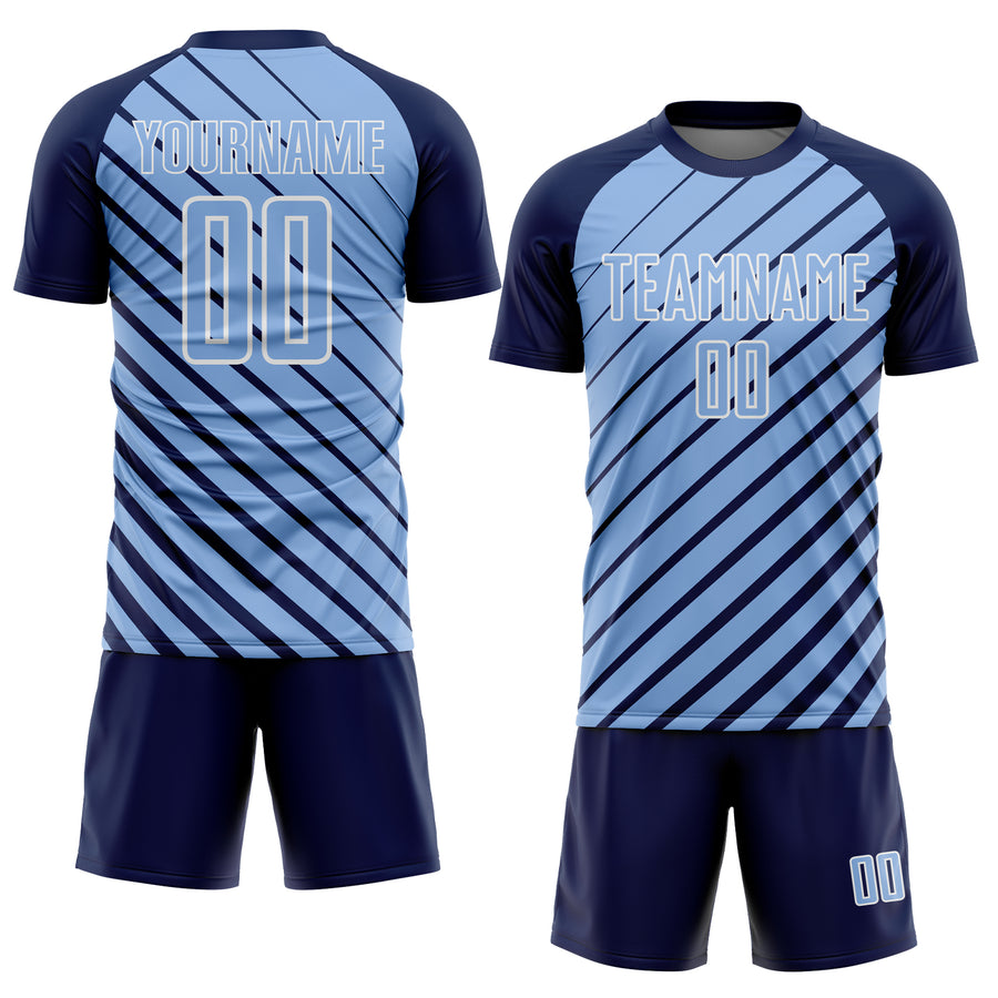 Custom Navy Light Blue-White Lines Sublimation Soccer Uniform Jersey