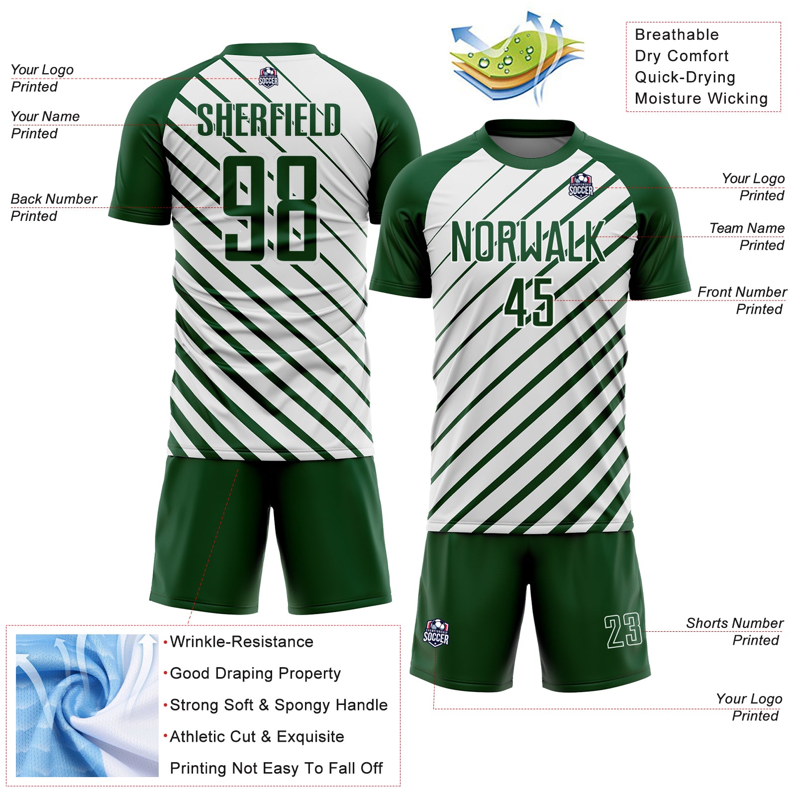 Custom Green White Lines Sublimation Soccer Uniform Jersey