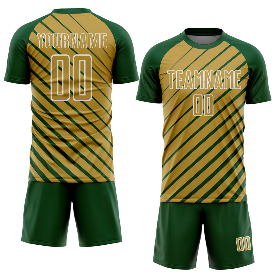 Custom Green Old Gold-White Lines Sublimation Soccer Uniform Jersey