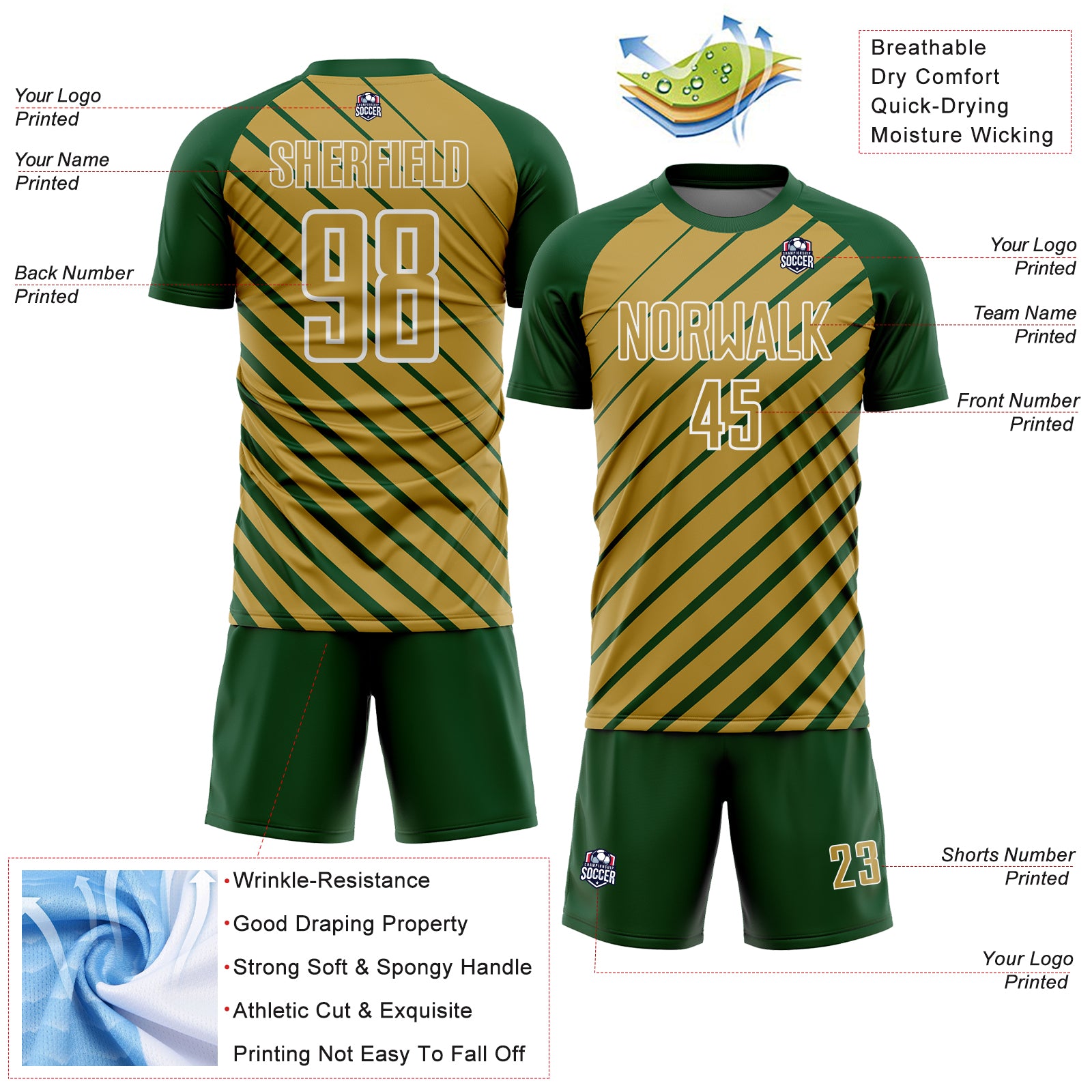 Custom Green Old Gold-White Lines Sublimation Soccer Uniform Jersey