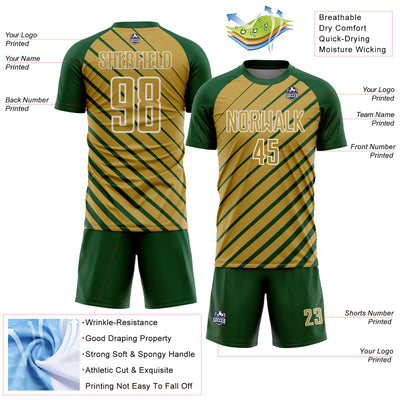 Custom Green Old Gold-White Lines Sublimation Soccer Uniform Jersey