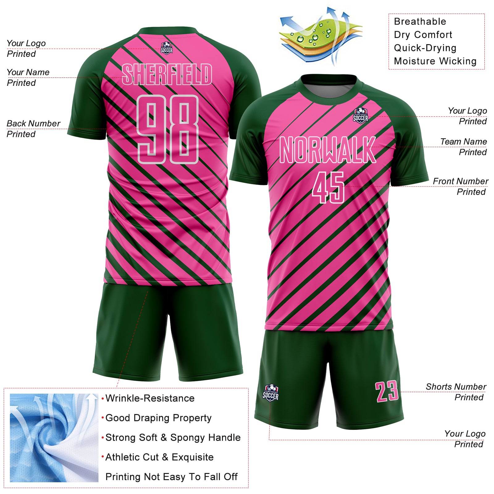 Custom Green Pink-White Lines Sublimation Soccer Uniform Jersey