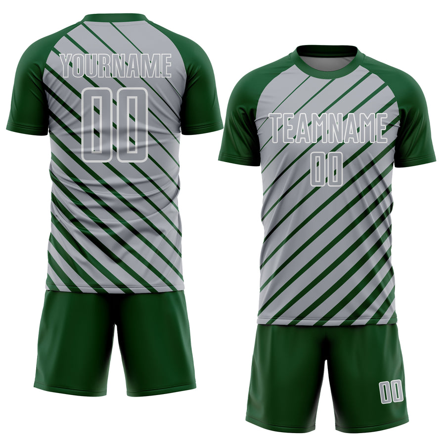 Custom Green Gray-White Lines Sublimation Soccer Uniform Jersey
