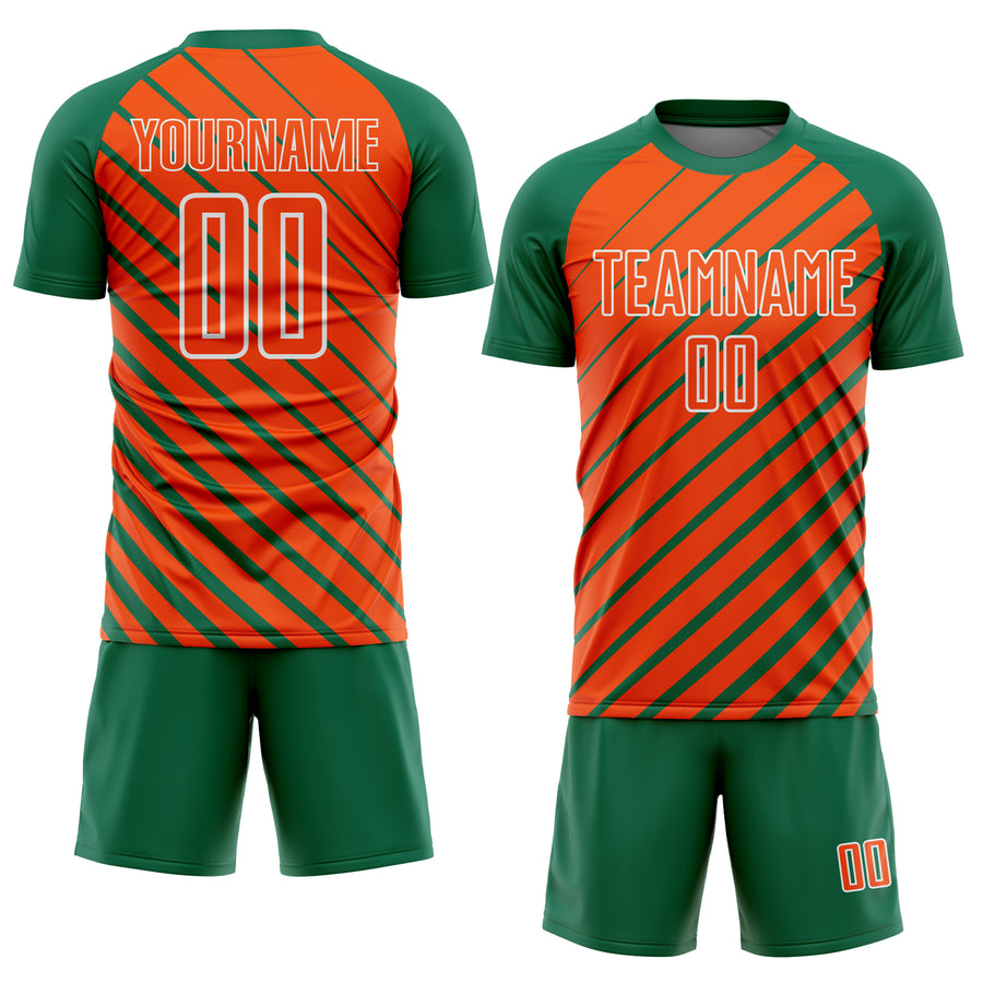 Custom Kelly Green Orange-White Lines Sublimation Soccer Uniform Jersey