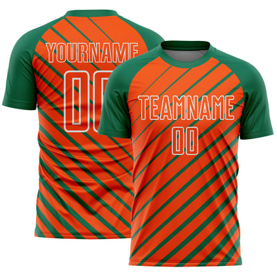 Custom Kelly Green Orange-White Lines Sublimation Soccer Uniform Jersey