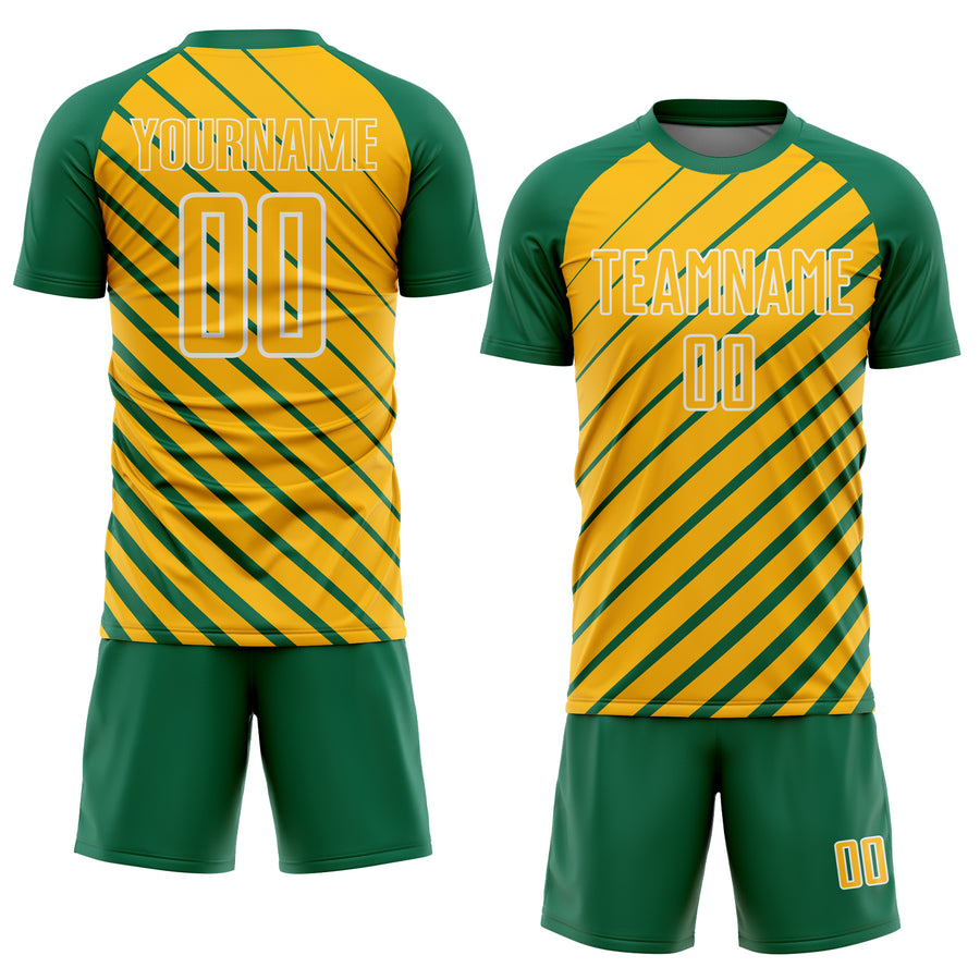 Custom Kelly Green Gold-White Lines Sublimation Soccer Uniform Jersey