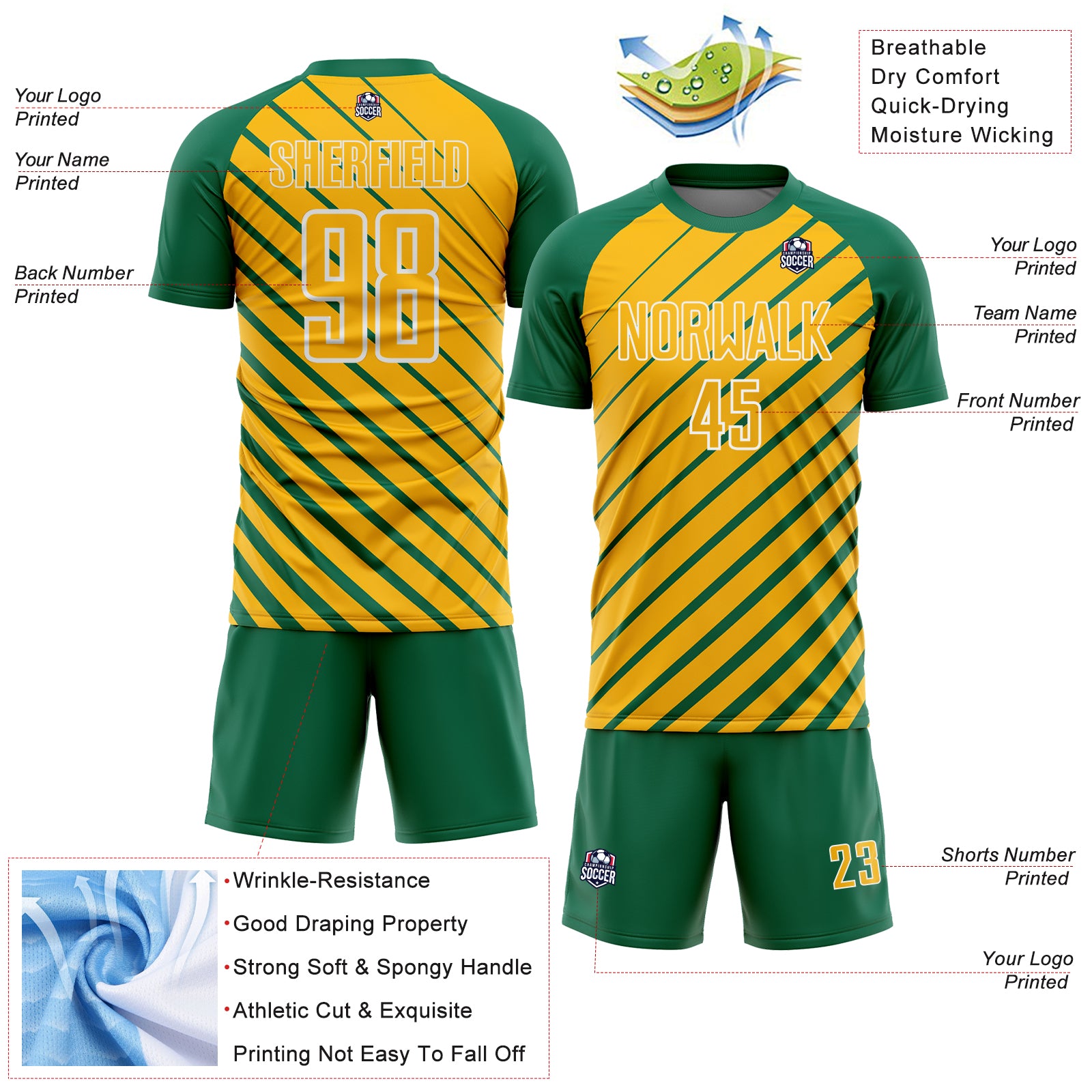 Custom Kelly Green Gold-White Lines Sublimation Soccer Uniform Jersey