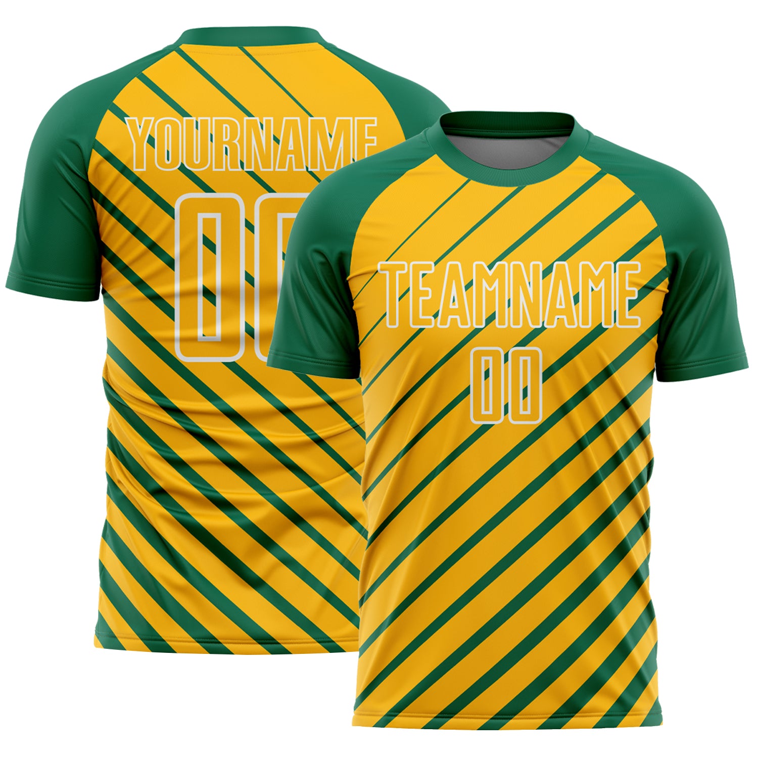 Custom Kelly Green Gold-White Lines Sublimation Soccer Uniform Jersey