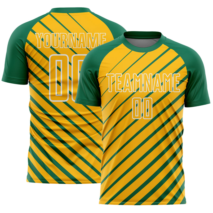 Custom Kelly Green Gold-White Lines Sublimation Soccer Uniform Jersey