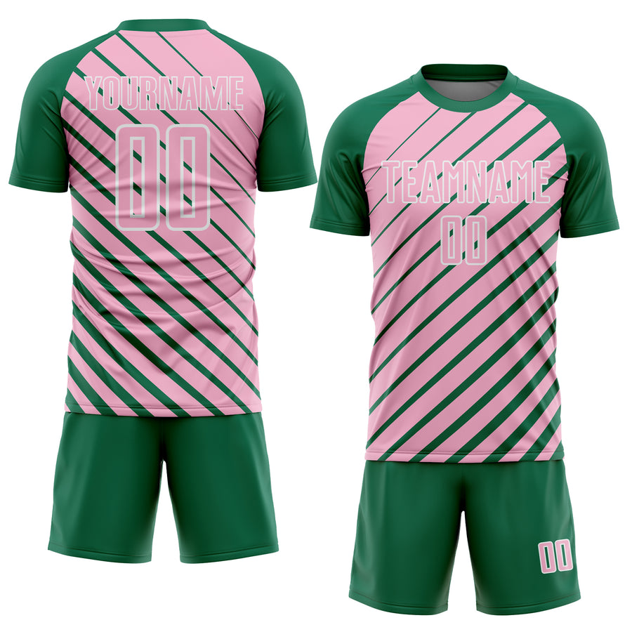 Custom Kelly Green Light Pink-White Lines Sublimation Soccer Uniform Jersey