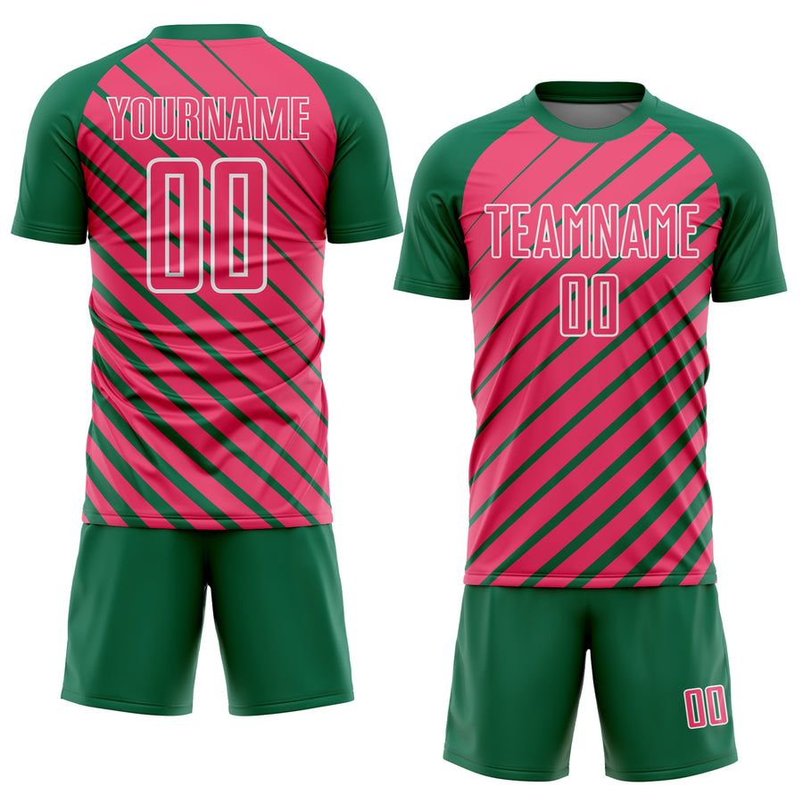 Custom Kelly Green Neon Pink-White Lines Sublimation Soccer Uniform Jersey