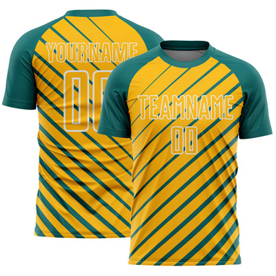 Custom Teal Gold-White Lines Sublimation Soccer Uniform Jersey