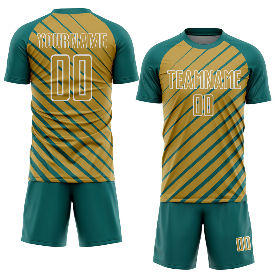 Custom Teal Old Gold-White Lines Sublimation Soccer Uniform Jersey