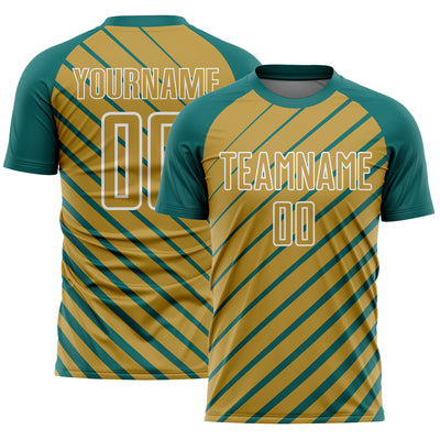 Custom Teal Old Gold-White Lines Sublimation Soccer Uniform Jersey