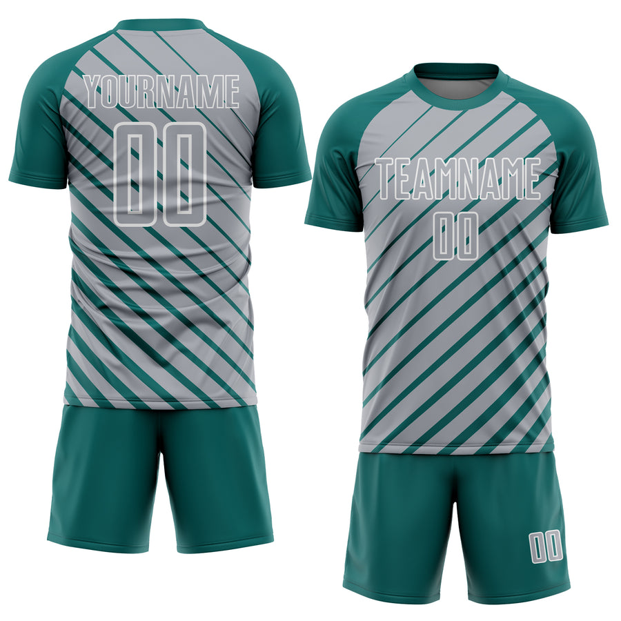 Custom Teal Gray-White Lines Sublimation Soccer Uniform Jersey