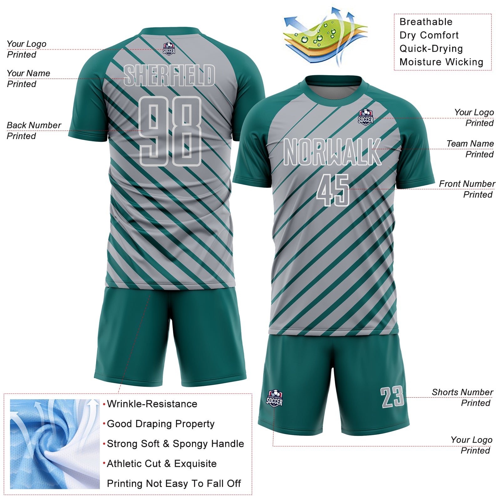 Custom Teal Gray-White Lines Sublimation Soccer Uniform Jersey