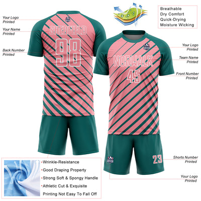 Custom Teal Medium Pink-White Lines Sublimation Soccer Uniform Jersey