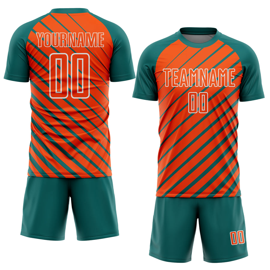 Custom Teal Orange-White Lines Sublimation Soccer Uniform Jersey