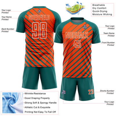 Custom Teal Orange-White Lines Sublimation Soccer Uniform Jersey