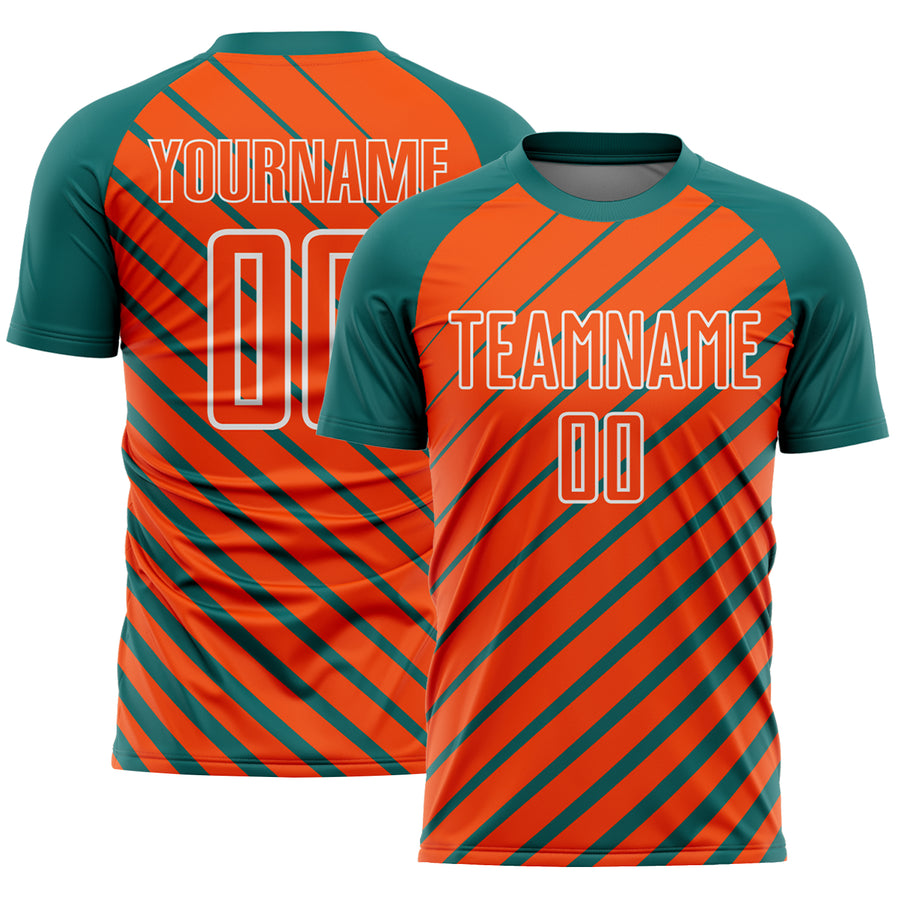 Custom Teal Orange-White Lines Sublimation Soccer Uniform Jersey