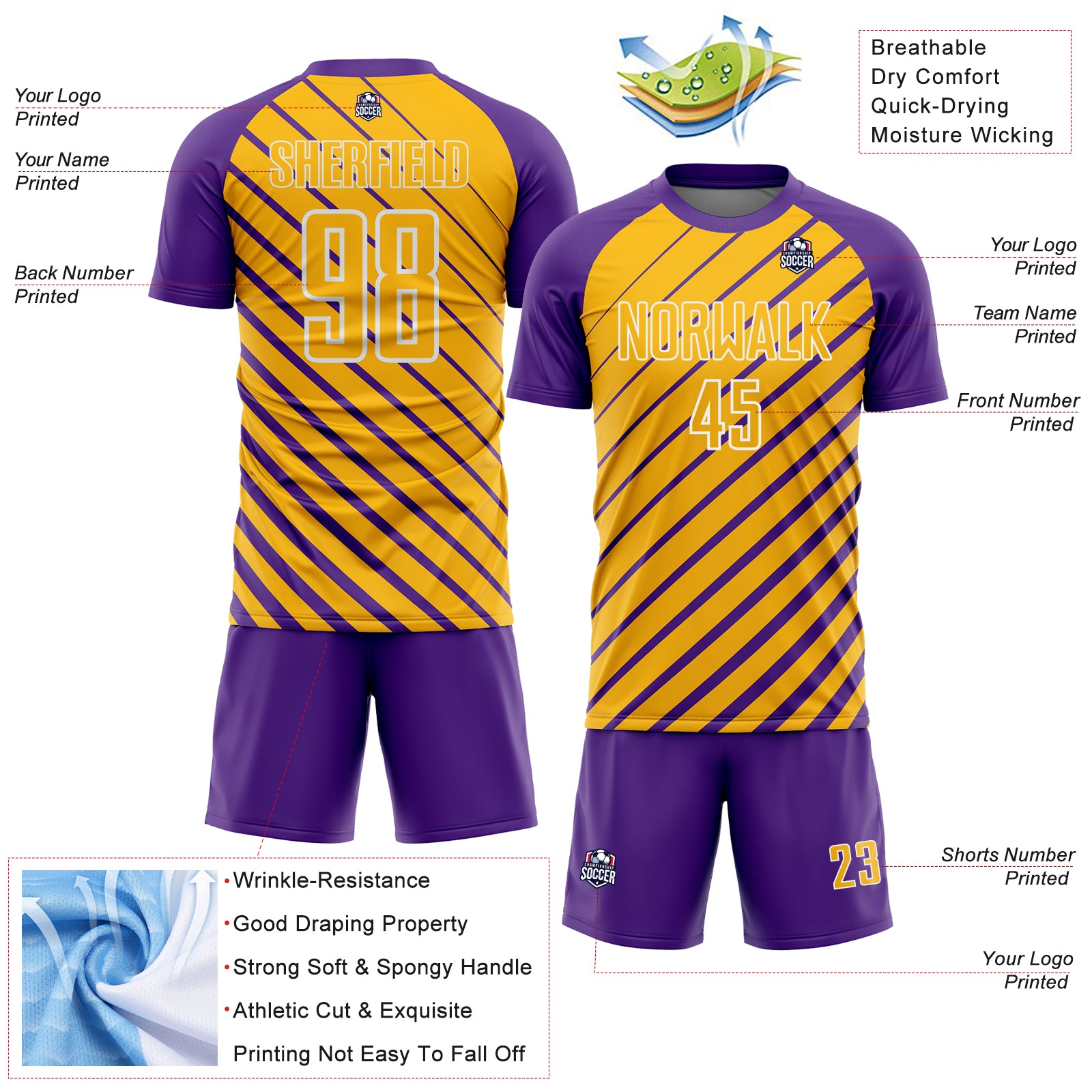 Custom Purple Gold-White Lines Sublimation Soccer Uniform Jersey