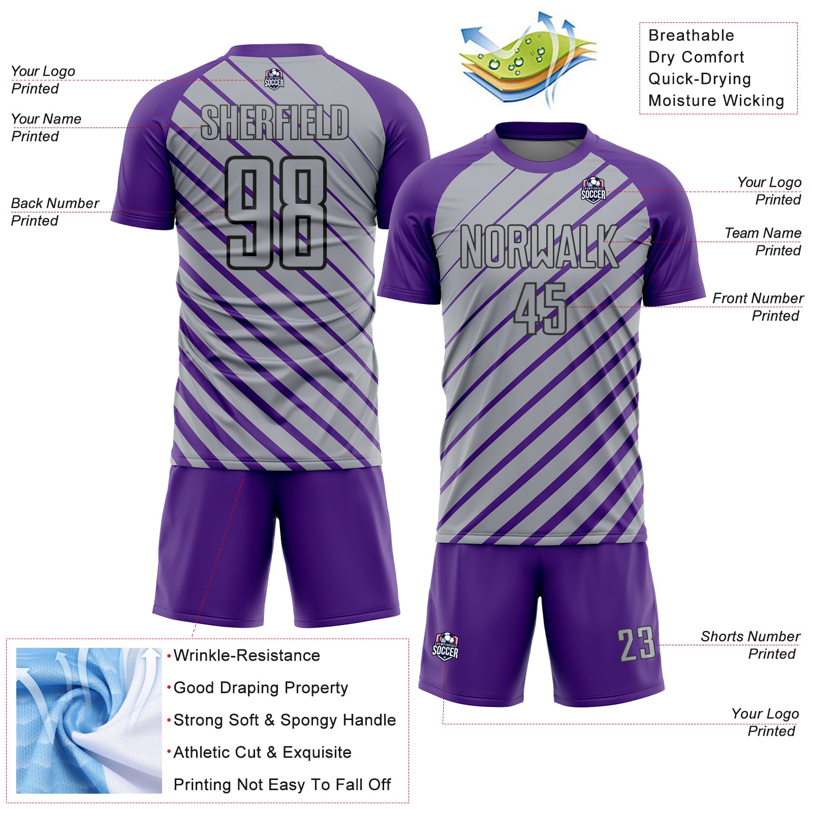 Custom Purple Gray-Black Lines Sublimation Soccer Uniform Jersey