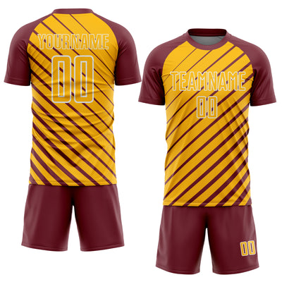 Custom Burgundy Gold-White Lines Sublimation Soccer Uniform Jersey