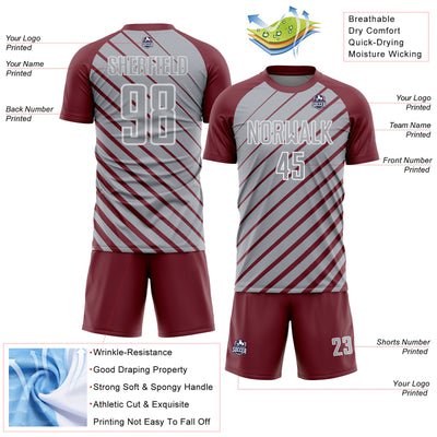 Custom Burgundy Gray-White Lines Sublimation Soccer Uniform Jersey