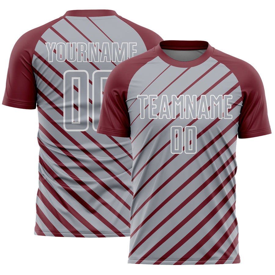 Custom Burgundy Gray-White Lines Sublimation Soccer Uniform Jersey