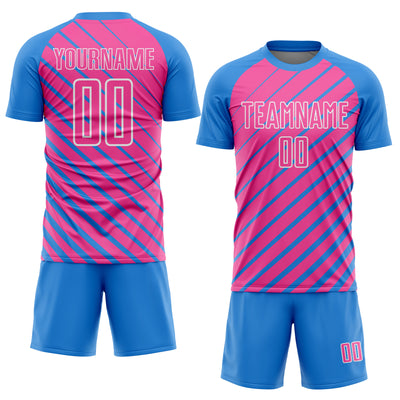 Custom Powder Blue Pink-White Lines Sublimation Soccer Uniform Jersey