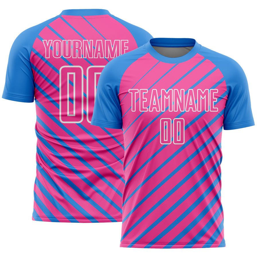 Custom Powder Blue Pink-White Lines Sublimation Soccer Uniform Jersey