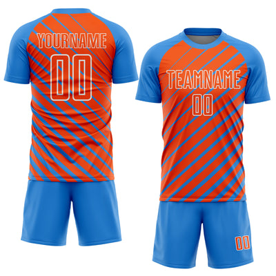 Custom Powder Blue Orange-White Lines Sublimation Soccer Uniform Jersey