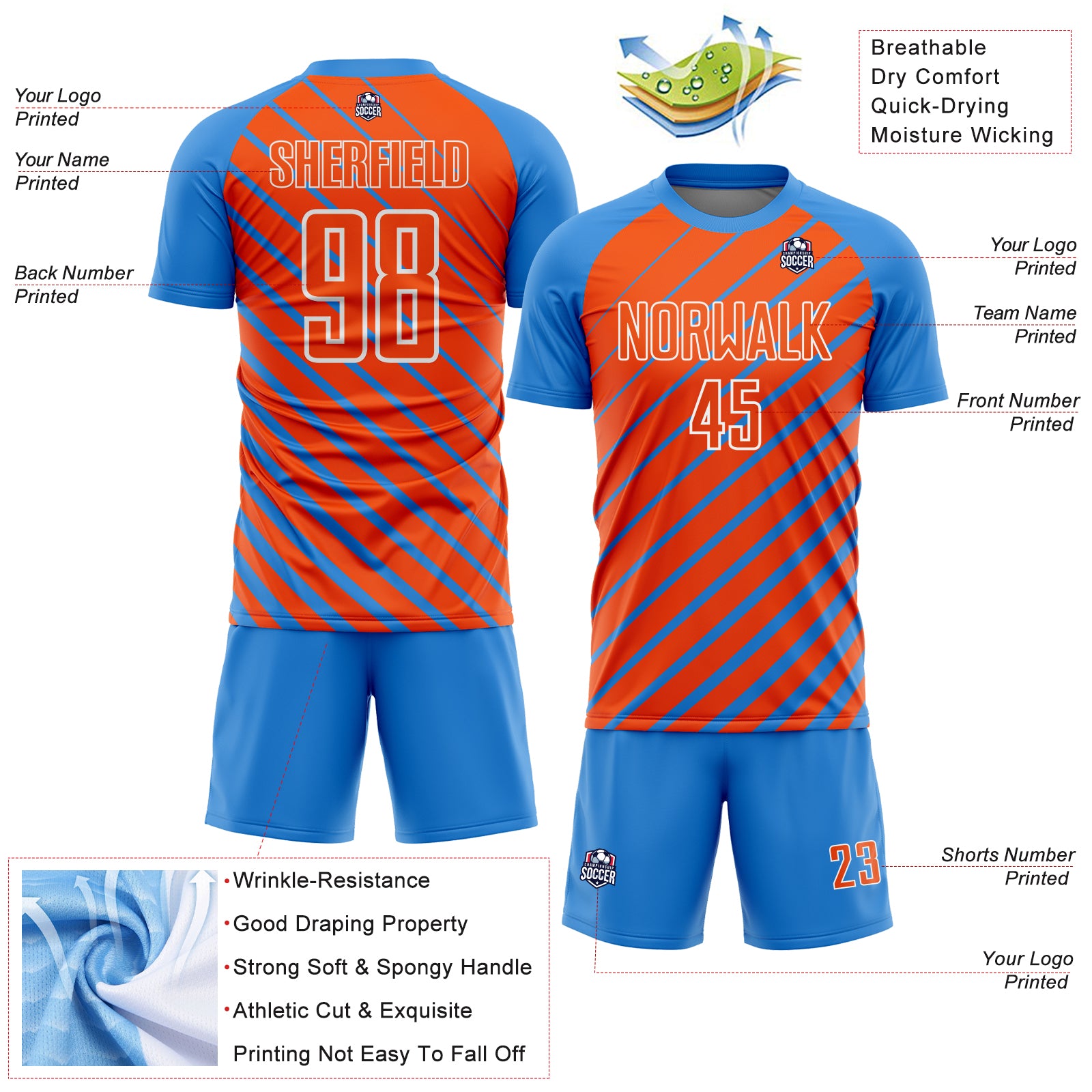 Custom Powder Blue Orange-White Lines Sublimation Soccer Uniform Jersey