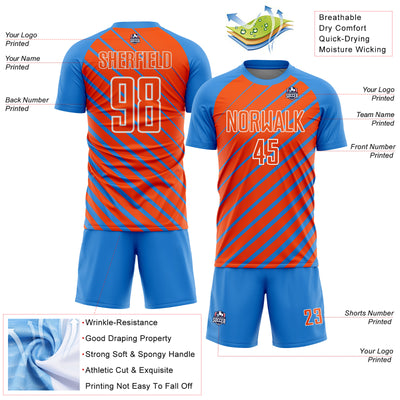 Custom Powder Blue Orange-White Lines Sublimation Soccer Uniform Jersey