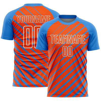 Custom Powder Blue Orange-White Lines Sublimation Soccer Uniform Jersey