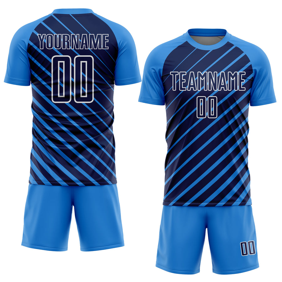 Custom Powder Blue Navy-White Lines Sublimation Soccer Uniform Jersey