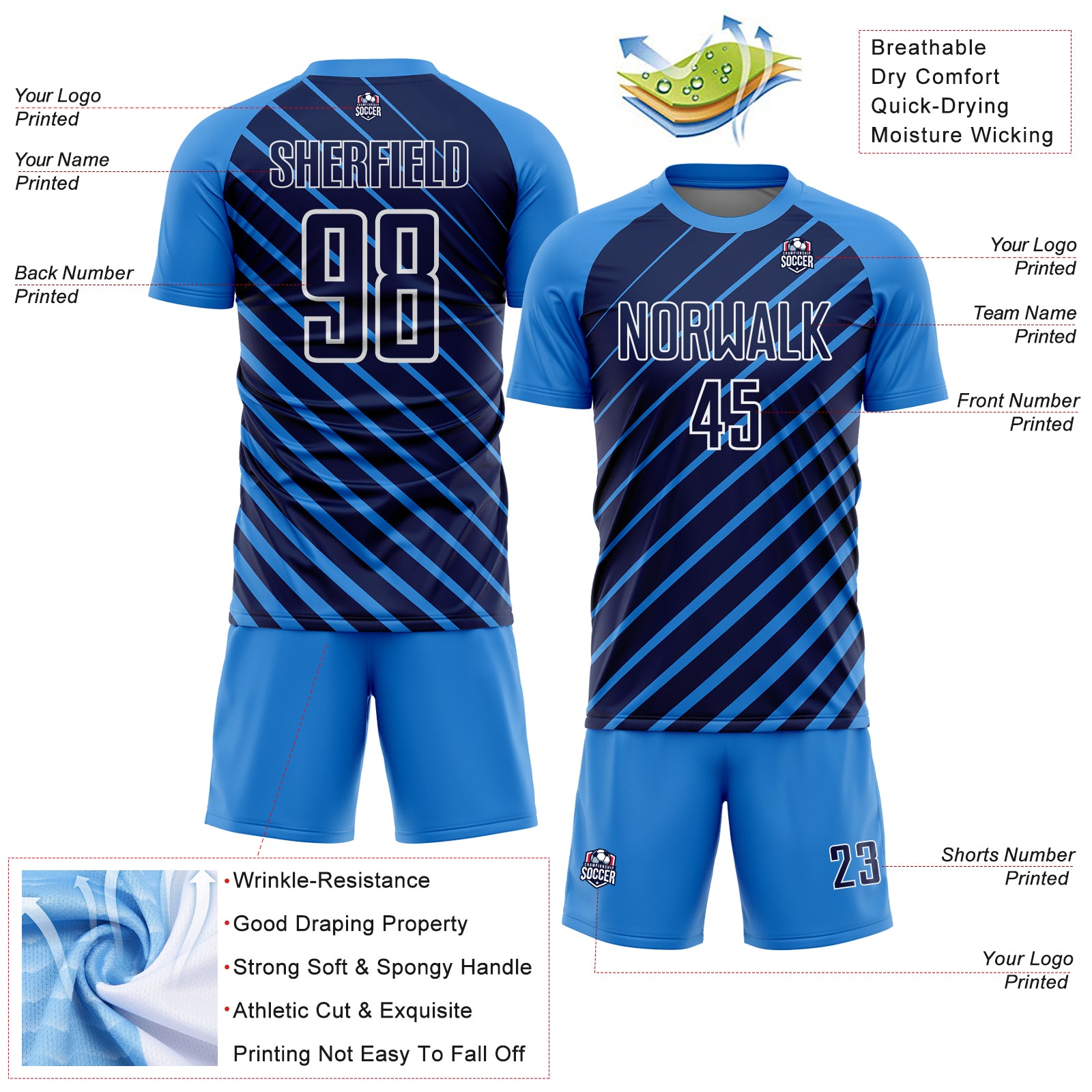 Custom Powder Blue Navy-White Lines Sublimation Soccer Uniform Jersey
