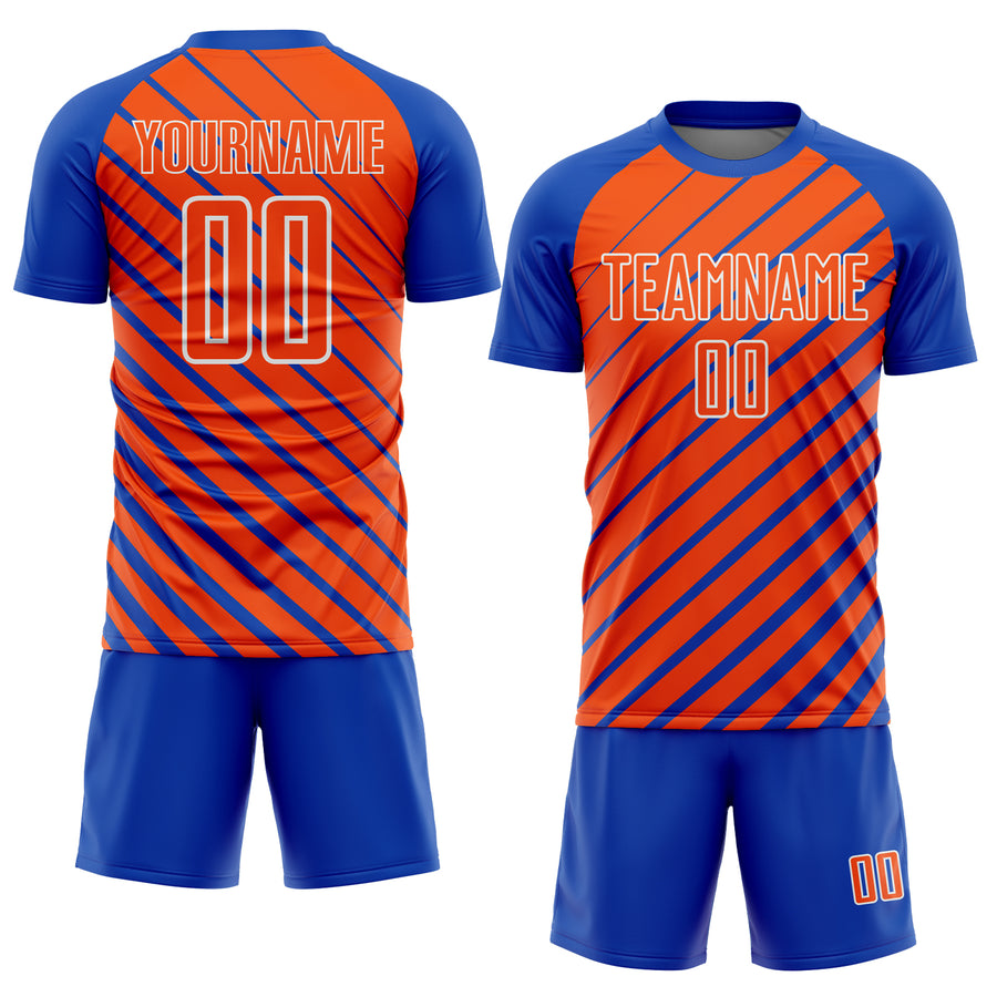 Custom Thunder Blue Orange-White Lines Sublimation Soccer Uniform Jersey