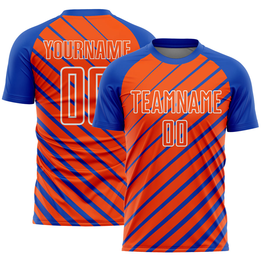 Custom Thunder Blue Orange-White Lines Sublimation Soccer Uniform Jersey