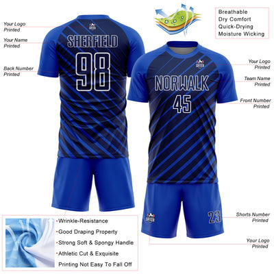 Custom Thunder Blue Navy-White Lines Sublimation Soccer Uniform Jersey