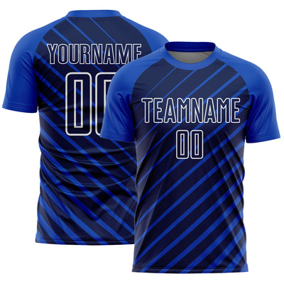 Custom Thunder Blue Navy-White Lines Sublimation Soccer Uniform Jersey