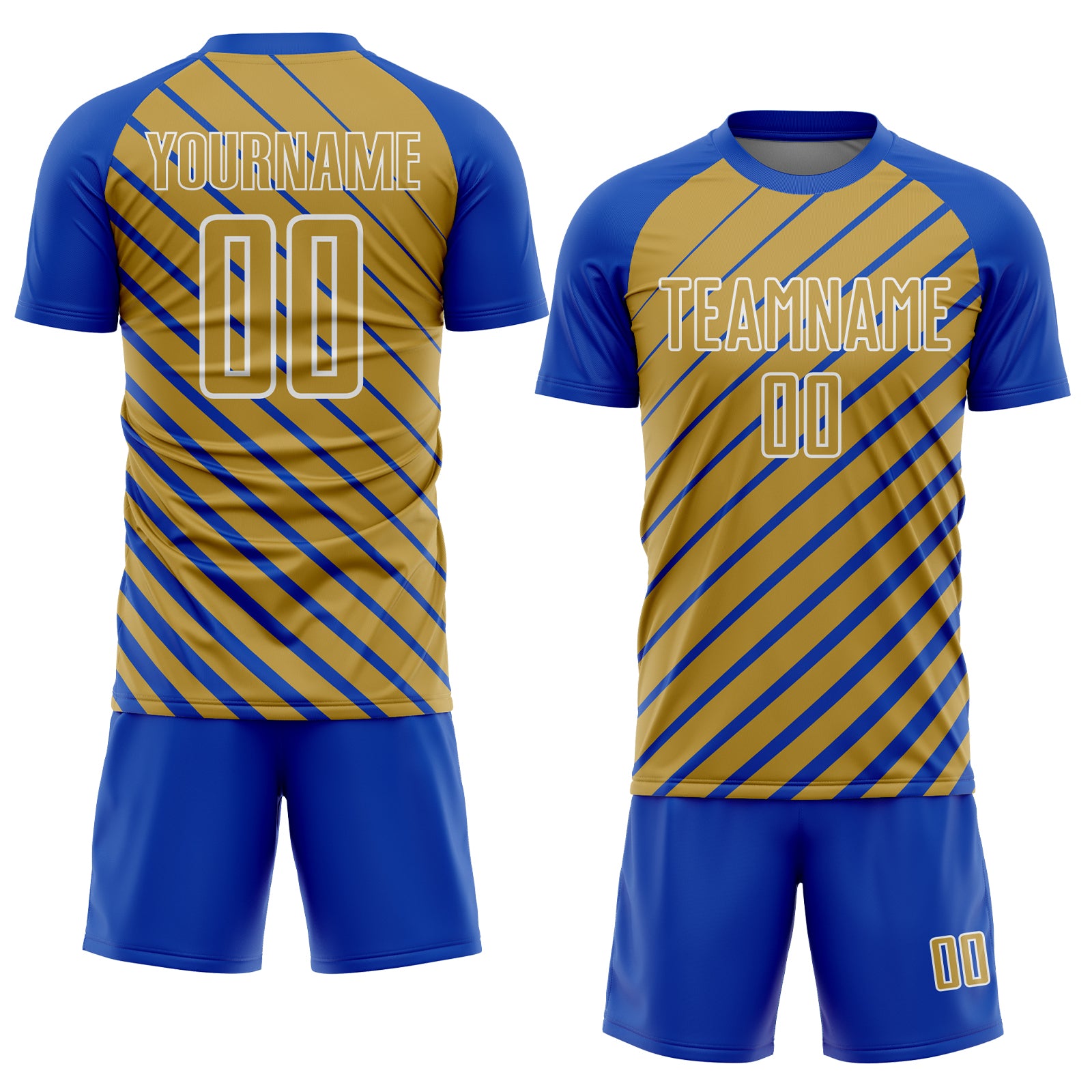 Custom Thunder Blue Old Gold-White Lines Sublimation Soccer Uniform Jersey