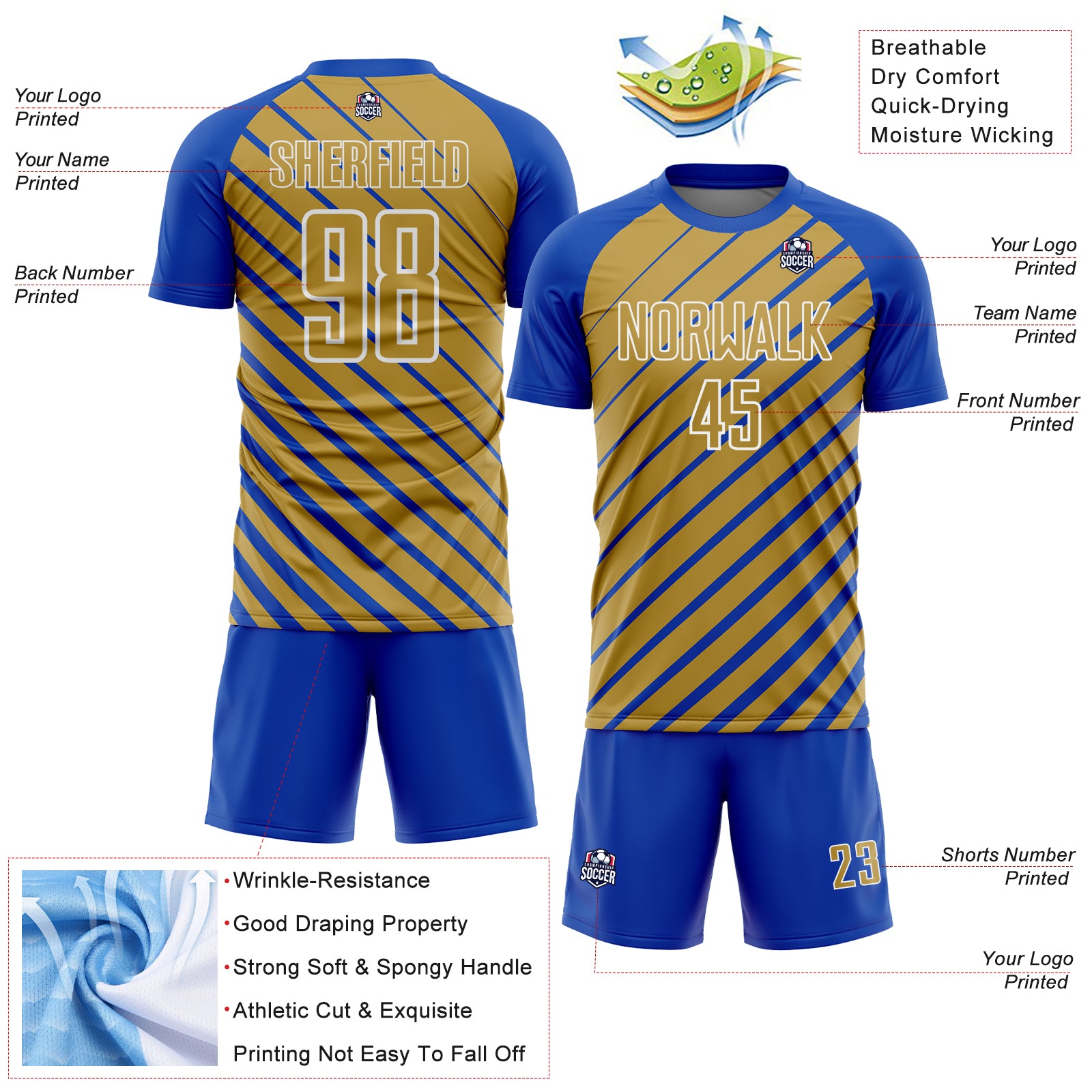 Custom Thunder Blue Old Gold-White Lines Sublimation Soccer Uniform Jersey